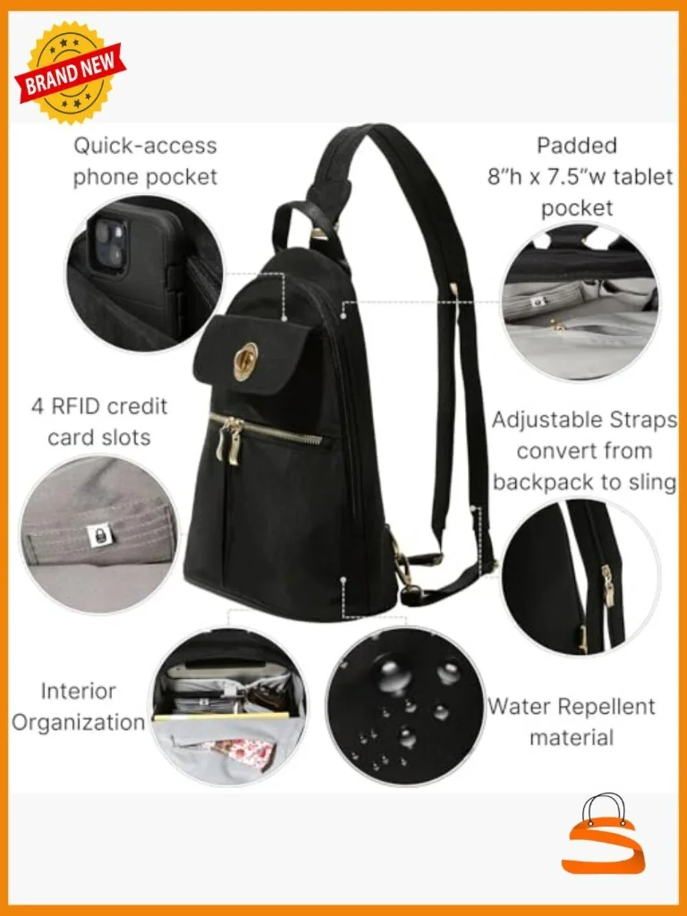 Convertible Backpack Sling Crossbody Nylon Handbag RFID Padded Tablet Sleeve
